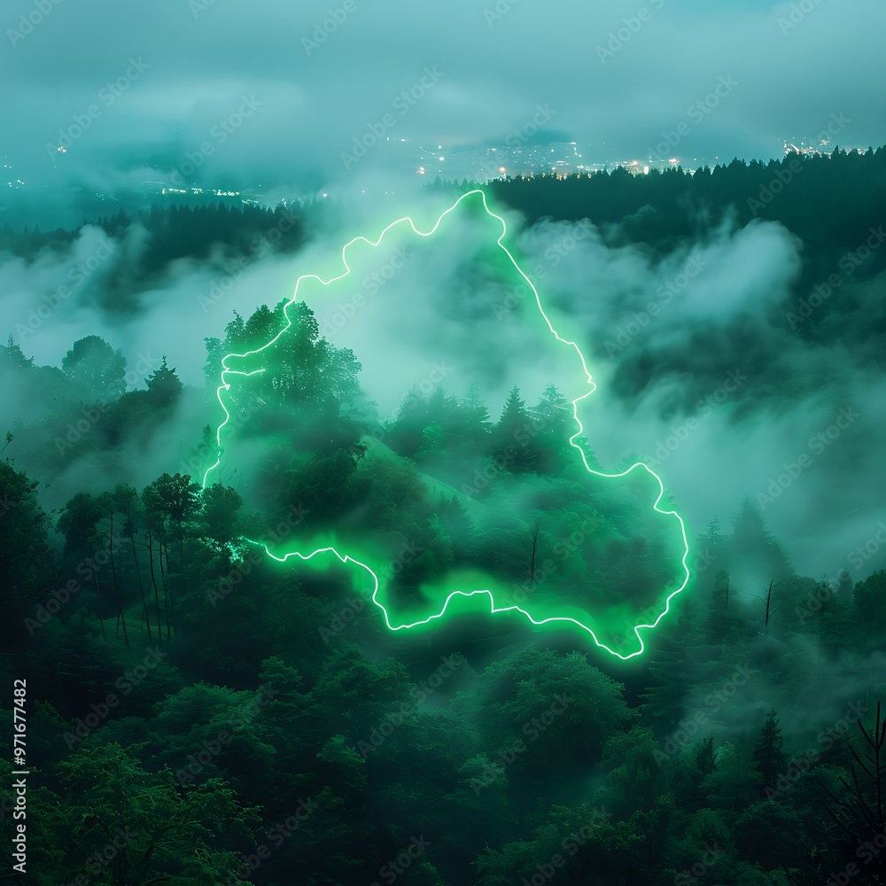 Poster a glowing green outline of a shape forms in the clouds above a dense forest at night.