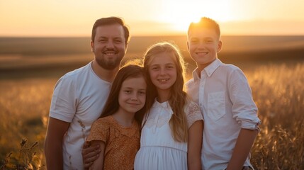 Obraz premium beautiful caucasian Family of four smiling at sunset