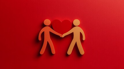 Paper humans holding hands, with a heart shape in the middle, red background generative ai