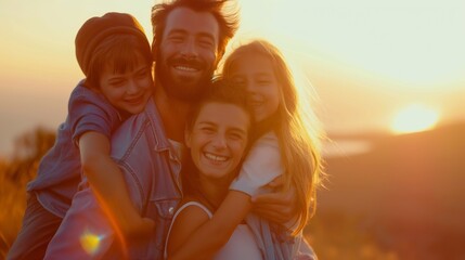 beautiful caucasian Family of four smiling at sunset