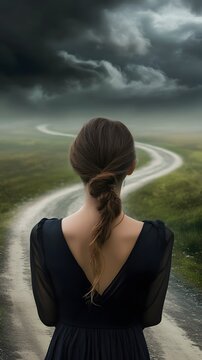 A woman stands at the crossroads, looking back with long hair and wearing a black dress