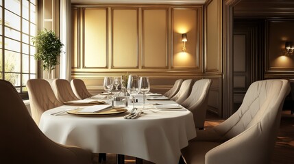 Photo of a modern dining table in an elegant room restaurant with luxurious gold walls