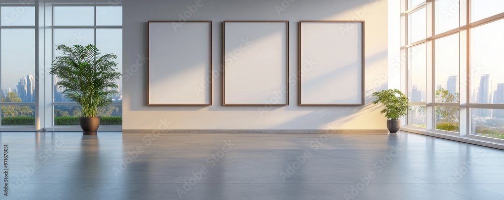Poster spacious modern gallery with three empty frames and lush greenery, perfect for artwork display and c