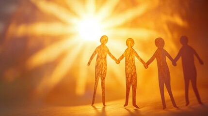 Paper humans holding hands, with a sunburst behind them, hope and unity theme generative ai