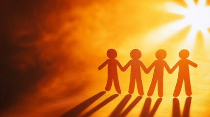 Paper humans holding hands, with a sunburst behind them, hope and unity theme generative ai