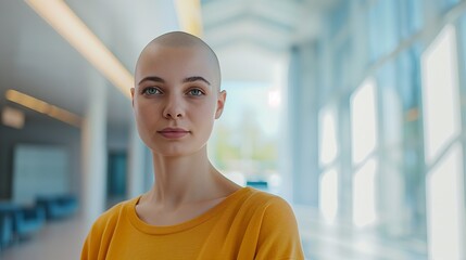 Mature woman after chemotherapy, clinic hospital interior, bald woman