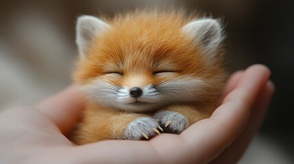 Obraz premium Tiny red fox cub sleeping peacefully in a human hand.