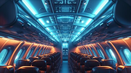 Fototapeta premium Aircraft interior with vibrant dark blue seats and white panel