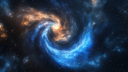 A swirling nebula in space with blue and orange colors.