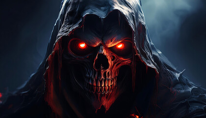  Close-up of a Grim Reaper skull, glowing red eyes, surrounded by darkness. _1(147)