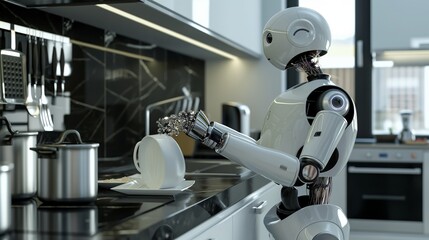 cleaning process and working robot cleaner in the kitchen.