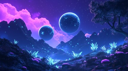 Fototapeta premium A tranquil alien landscape with bioluminescent plants under twin moons at night