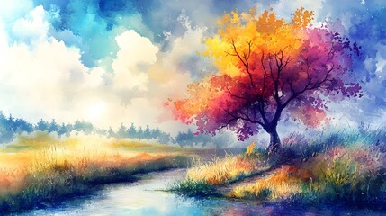 Fototapeta premium Nature depicted in a colorful watercolor oil painting image