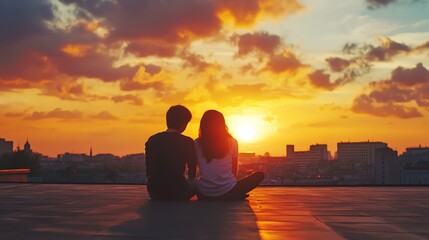 Silhouette of a couple sitting on a rooftop, watching the sunset over a city skyline.