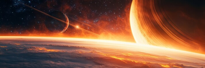 A vibrant exoplanet with glowing atmosphere and floating islands in a vast nebula