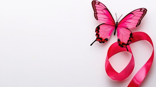A vibrant pink butterfly perched on a flowing pink ribbon, creating a delicate and charming composition on a clean white background. Breast Cancer, Breast Cancer Awareness