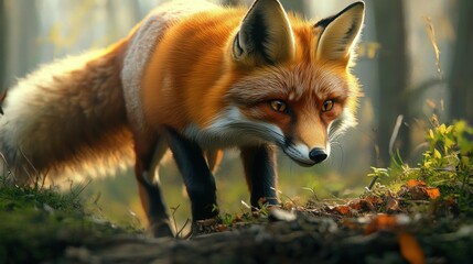 Fototapeta premium A Red Fox Stalking Through an Autumn Forest