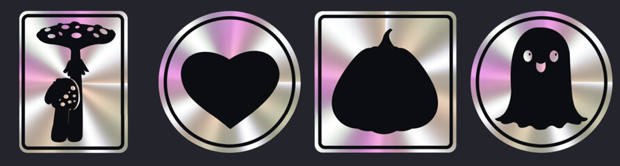 Holographic sticker design with ghost, mushroom, pumpkin and heart. Rainbow sticker in square and round color. Sticker design