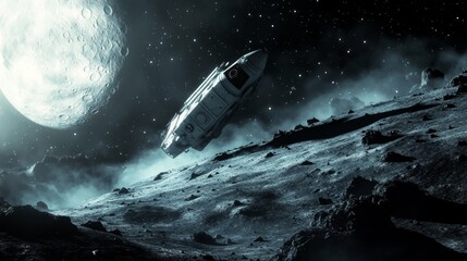 Fototapeta premium Abandoned spacecraft rests quietly on the Moon's surface under a starry sky