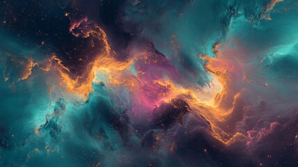 Obraz premium Ethereal abstract nebula glows with teal, magenta, and gold in a dynamic cosmic panorama