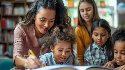 Obraz premium Teacher helping students with homework