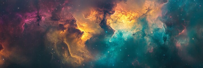 Obraz premium Vibrant abstract nebula in space showcasing teal, magenta, and gold with dynamic movement