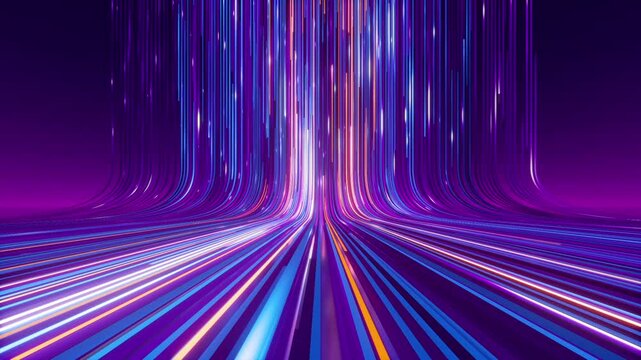looped 3d animation. Abstract animated background of multicolored stripes and ribbons gliding down, vibrant neon lines, glowing trails in motion