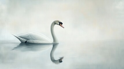 Obraz premium A Single White Swan Swimming in Calm Water with a Misty Background
