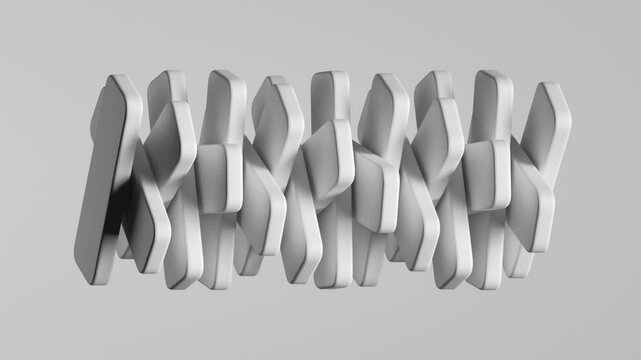 Abstract minimalist white background. Flat geometric shapes linked together, spin and rotate. Cycled 3d animation