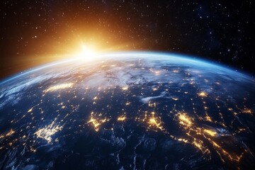 Obraz premium Stunning Earth view from space at night showcasing city lights and aurora borealis