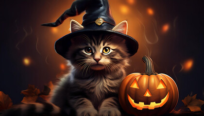 Fototapeta premium Cute cat wearing a witch hat posed with a jack-o'-lantern, perfect for Halloween imager_1(211)