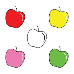 Set of vector color apples, isolated on the white background. Red, yellow, green, pink and black outline
