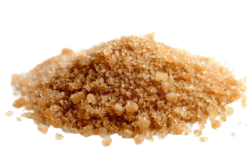 Brown sugar captured with a transparent white background in ultra high definition, focusing on its granulated texture and rich color for use in food photography.