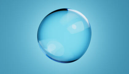 Abstract water bubble on blue background. Blue distorted droplet floating, Purity concept. 3d render illustration