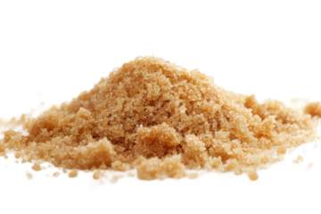 Detailed photo of brown sugar with a white clear background in high definition, perfect for use in food-related educational materials and recipe blogs.