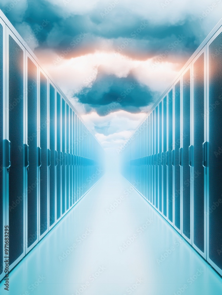 Poster a futuristic corridor lined with storage units, illuminated by ethereal light and framed by dynamic 