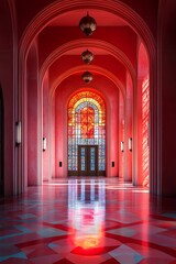 Fototapeta premium A pink hallway with stained glass windows and arched doorways.