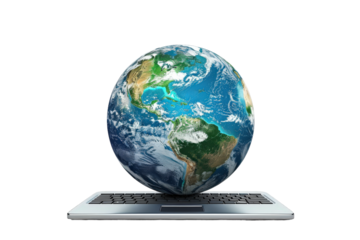 High-definition photo of a laptop with a globe on its screen, representing global access and digital technology, perfect for tech presentations and geographical content.
