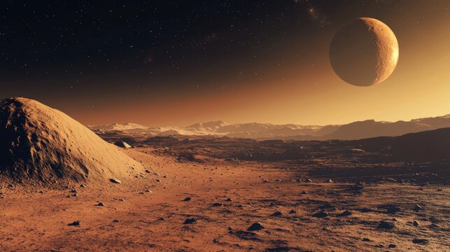 View of Mars with Phobos and Deimos in the sky, featuring a vast, realistic landscape