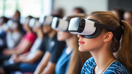 A group of students wearing virtual reality headsets in a classroom, focused on immersive educational experiences