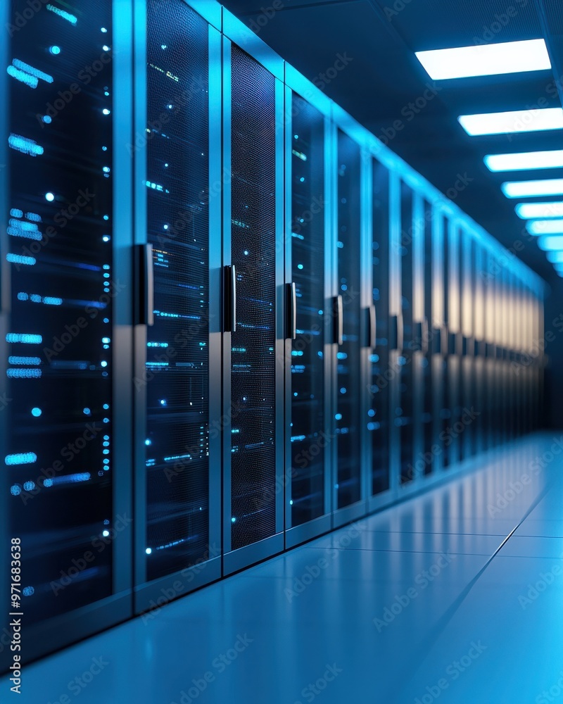 Poster modern data center with rows of server racks illuminated by blue lights, showcasing high-tech storag