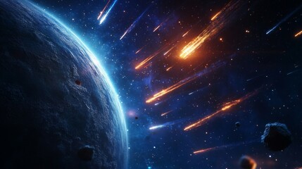Obraz premium Spectacular meteor shower in outer space with glowing meteors and a large planet