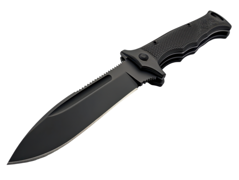 Tactical black knife with textured handle on transparent background.