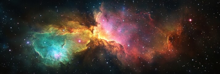 Naklejka premium Colorful nebula displaying vibrant shades of pink, green, and yellow filled with cosmic dust