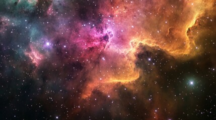 Fototapeta premium A breathtaking cosmic nebula exhibiting vibrant pink, green, and yellow hues with bright stars