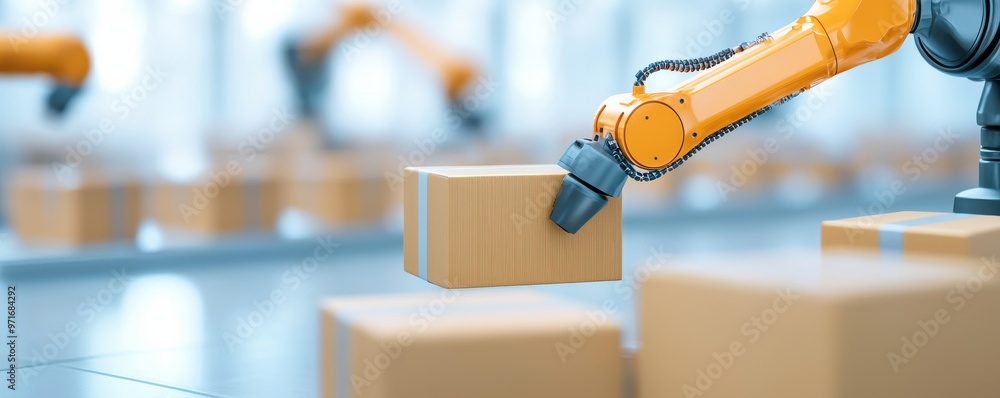 Poster industrial robot arm handling a cardboard box in a modern warehouse environment, showcasing automati