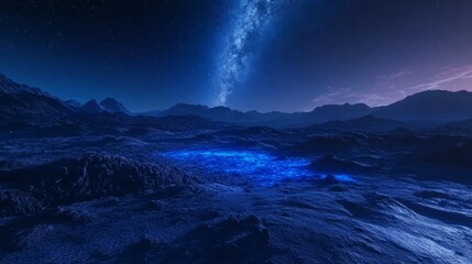 Naklejka premium Stunning night view of Mars showcasing glowing blue flora and a vibrant Milky Way sky