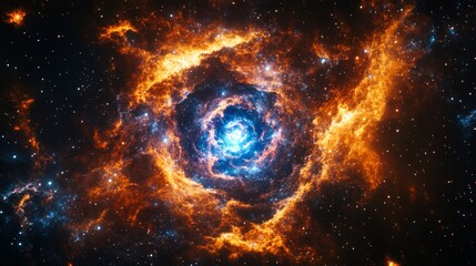 Naklejka premium Vibrant red and orange nebula with blue highlights showcasing cosmic spirals in deep space