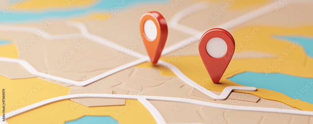 Poster colorful map featuring two distinct location pins, ideal for travel or navigation themes.