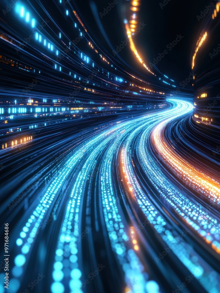 Poster vibrant abstract light trail design showcasing a dynamic flow of color and energy representing techn